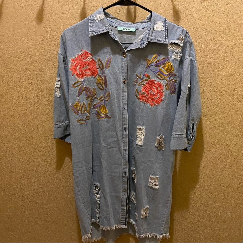 Karlie Denim Distressed Button-Up Tunic